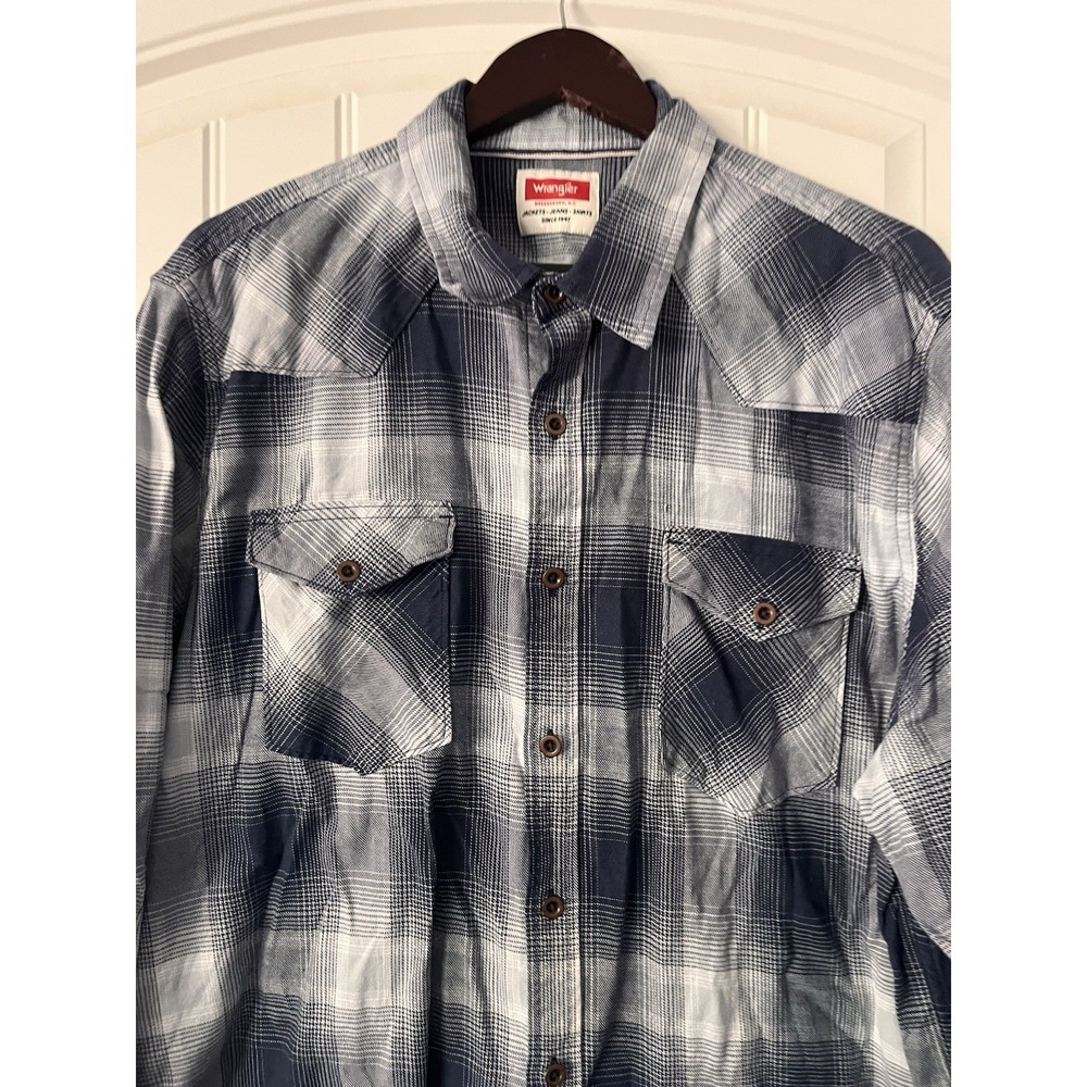 Wrangler Indigo Men's XL Plaid Button-Up Shirt Blue Cotton Western Rodeo 025